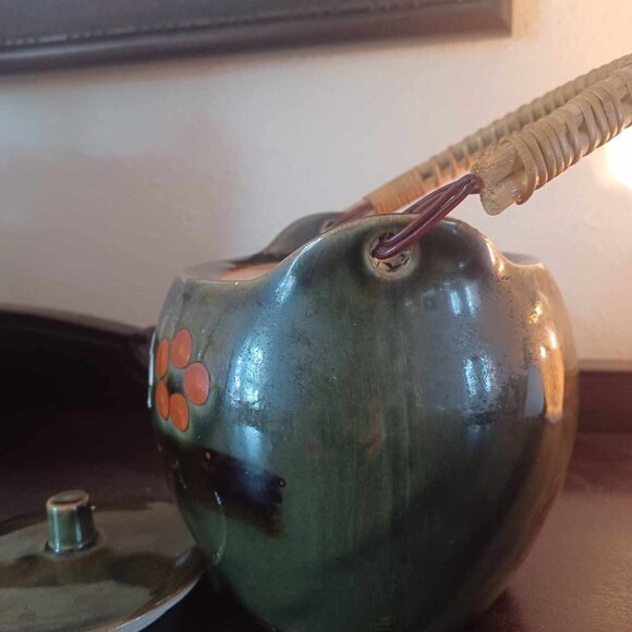 Vintage Mossy Green Ceramic Asian Teapot with Bamboo Wrapped Handle - Picture 9 of 10